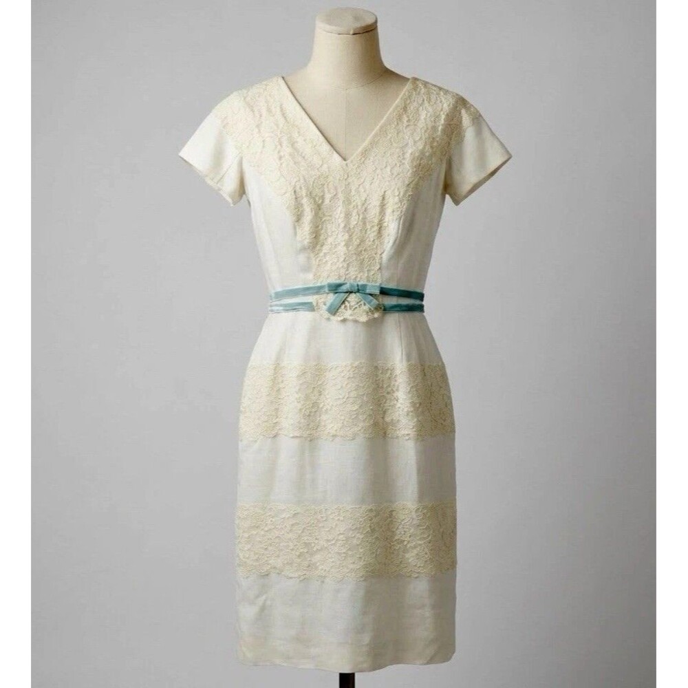 Vintage 1950s 60s Stevenson’s Ivory Lace Dress Blue Ribbon ILGWU M/L Wedding